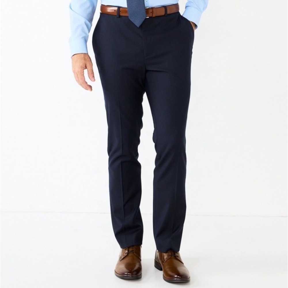 Apt 9 Premier Flex Slim Fit Dress Pants Mens 34x32 Navy Blue Flat Front Trousers